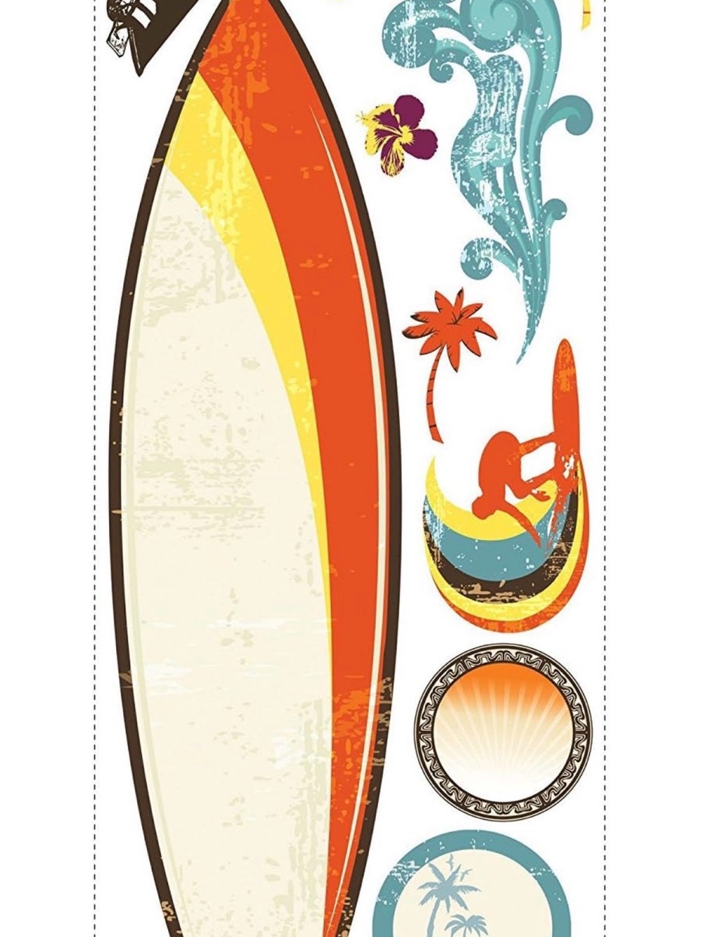 Roommates Surfboard Wall Decals in Orange, Yellow, Teal, Brown, Cream